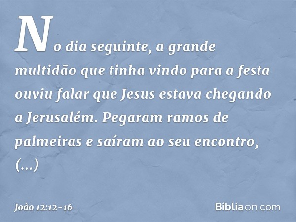 No dia seguinte, a grande multidão que tinha vindo para a festa ouviu falar que Jesus estava chegando a Jerusalém. Pegaram ramos de palmeiras e saíram ao seu en