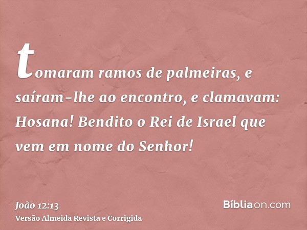 tomaram ramos de palmeiras, e saíram-lhe ao encontro, e clamavam: Hosana! Bendito o Rei de Israel que vem em nome do Senhor!