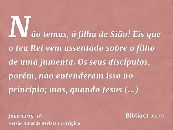 Não temas, ó filha de Sião! Eis que o teu Rei vem assentado sobre o filho de uma jumenta.Os seus discípulos, porém, não entenderam isso no princípio; mas, quand