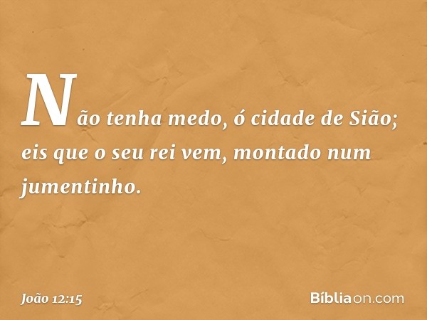 "Não tenha medo,
ó cidade de Sião;
eis que o seu rei vem,
montado num jumentinho". -- João 12:15