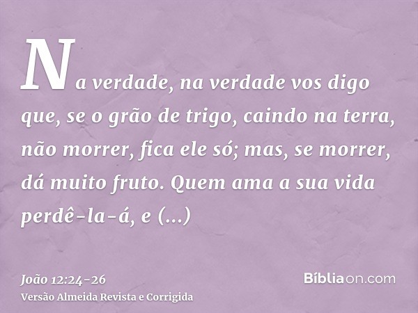 Na verdade, na verdade vos digo que, se o grão de trigo, caindo na terra, não morrer, fica ele só; mas, se morrer, dá muito fruto.Quem ama a sua vida perdê-la-á