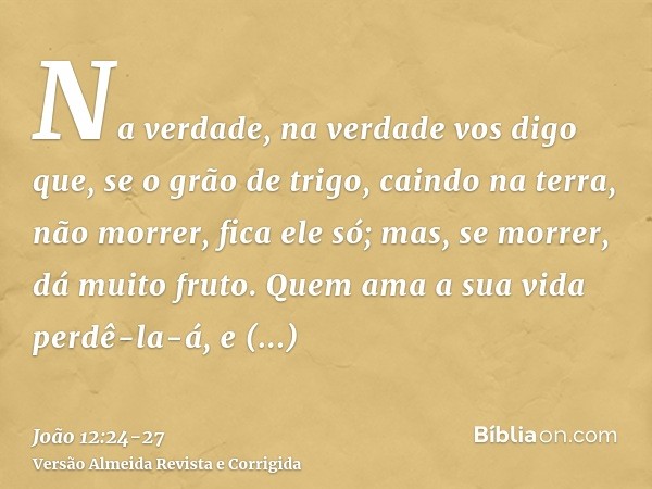 Na verdade, na verdade vos digo que, se o grão de trigo, caindo na terra, não morrer, fica ele só; mas, se morrer, dá muito fruto.Quem ama a sua vida perdê-la-á