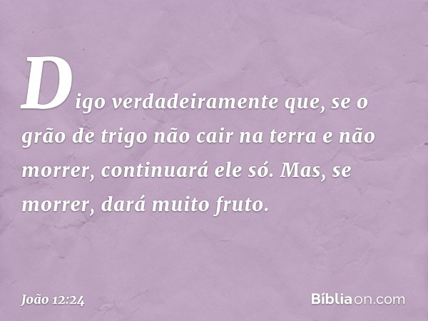 Digo verdadeiramente que, se o grão de trigo não cair na terra e não morrer, continuará ele só. Mas, se morrer, dará muito fruto. -- João 12:24