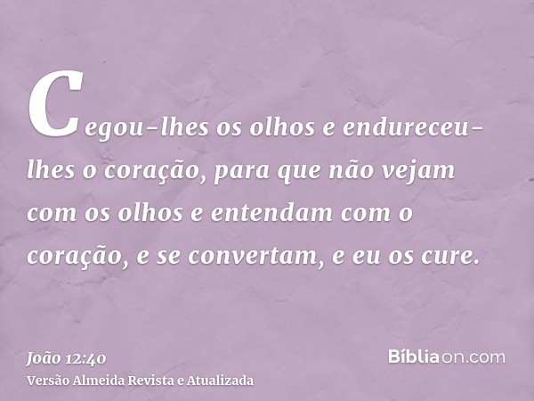 Cegou-lhes os olhos e endureceu-lhes o coração, para que não vejam com os olhos e entendam com o coração, e se convertam, e eu os cure.