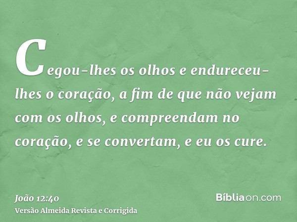 Cegou-lhes os olhos e endureceu-lhes o coração, a fim de que não vejam com os olhos, e compreendam no coração, e se convertam, e eu os cure.