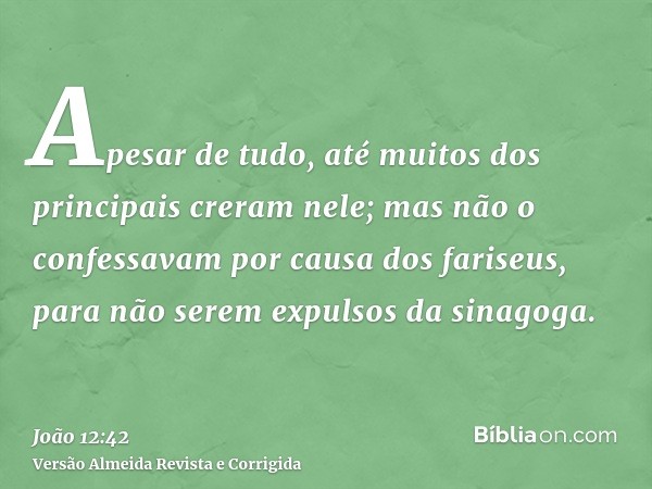 Apesar de tudo, até muitos dos principais creram nele; mas não o confessavam por causa dos fariseus, para não serem expulsos da sinagoga.