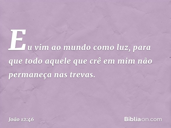 Eu vim ao mundo como luz, para que todo aquele que crê em mim não permaneça nas trevas. -- João 12:46