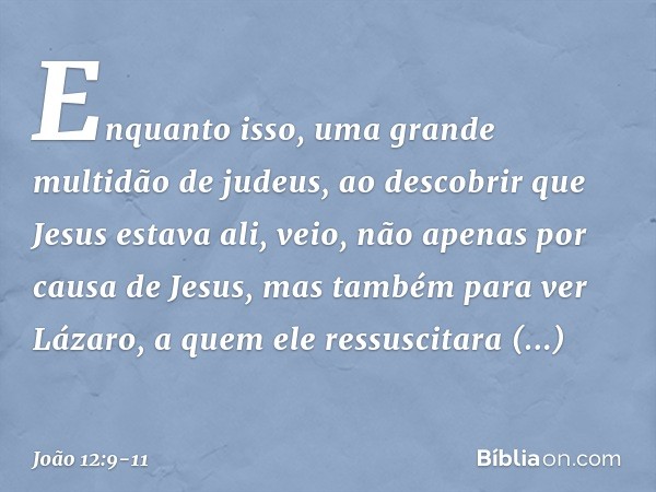 Enquanto isso, uma grande multidão de judeus, ao descobrir que Jesus estava ali, veio, não apenas por causa de Jesus, mas também para ver Lázaro, a quem ele res