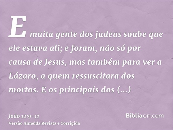 E muita gente dos judeus soube que ele estava ali; e foram, não só por causa de Jesus, mas também para ver a Lázaro, a quem ressuscitara dos mortos.E os princip