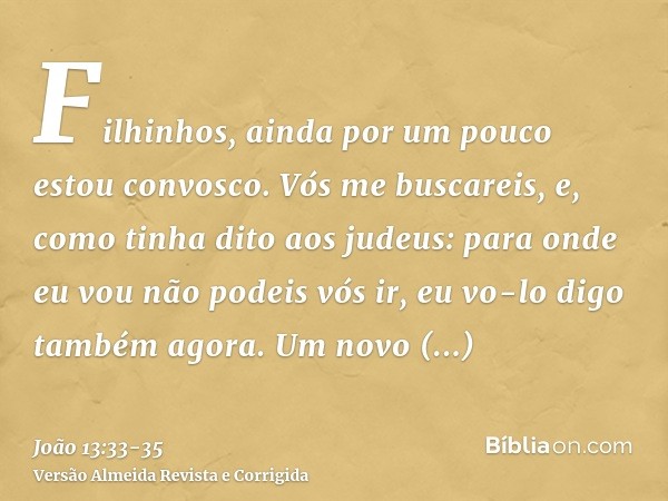 Filhinhos, ainda por um pouco estou convosco. Vós me buscareis, e, como tinha dito aos judeus: para onde eu vou não podeis vós ir, eu vo-lo digo também agora.Um