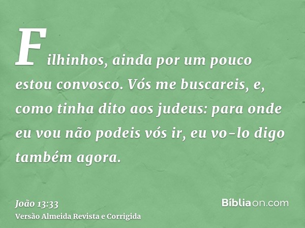 Filhinhos, ainda por um pouco estou convosco. Vós me buscareis, e, como tinha dito aos judeus: para onde eu vou não podeis vós ir, eu vo-lo digo também agora.