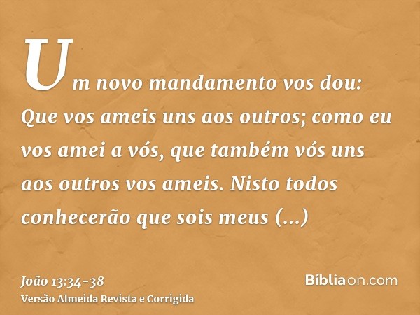 Um novo mandamento vos dou: Que vos ameis uns aos outros; como eu vos amei a vós, que também vós uns aos outros vos ameis.Nisto todos conhecerão que sois meus d