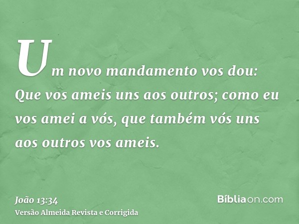 Um novo mandamento vos dou: Que vos ameis uns aos outros; como eu vos amei a vós, que também vós uns aos outros vos ameis.