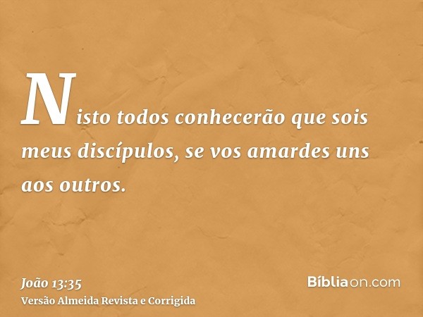 Nisto todos conhecerão que sois meus discípulos, se vos amardes uns aos outros.