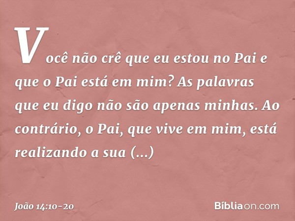 Você não crê que eu estou no Pai e que o Pai está em mim? As palavras que eu digo não são apenas minhas. Ao contrário, o Pai, que vive em mim, está realizando a