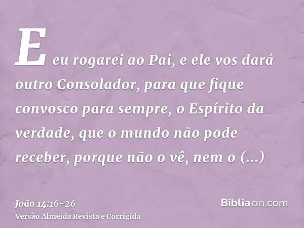 E eu rogarei ao Pai, e ele vos dará outro Consolador, para que fique convosco para sempre,o Espírito da verdade, que o mundo não pode receber, porque não o vê, 