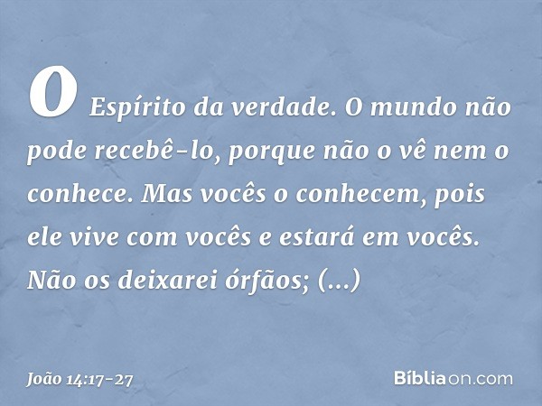 o Espírito da verdade. O mundo não pode recebê-lo, porque não o vê nem o conhece. Mas vocês o conhecem, pois ele vive com vocês e estará em vocês. Não os deixar