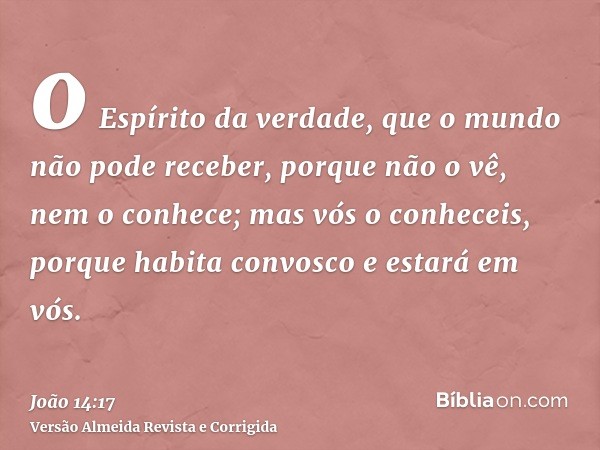 o Espírito da verdade, que o mundo não pode receber, porque não o vê, nem o conhece; mas vós o conheceis, porque habita convosco e estará em vós.