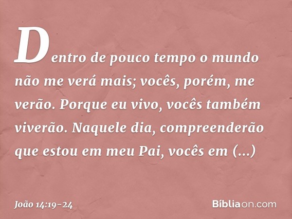 Dentro de pouco tempo o mundo não me verá mais; vocês, porém, me verão. Porque eu vivo, vocês também viverão. Naquele dia, compreenderão que estou em meu Pai, v