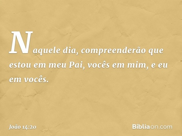 Naquele dia, compreenderão que estou em meu Pai, vocês em mim, e eu em vocês. -- João 14:20