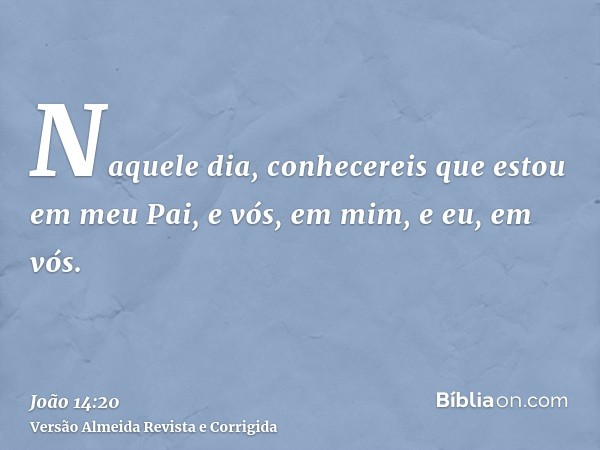 Naquele dia, conhecereis que estou em meu Pai, e vós, em mim, e eu, em vós.