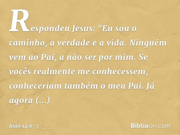 Respondeu Jesus: "Eu sou o caminho, a verdade e a vida. Ninguém vem ao Pai, a não ser por mim. Se vocês realmente me conhecessem, conheceriam também o meu Pai. 