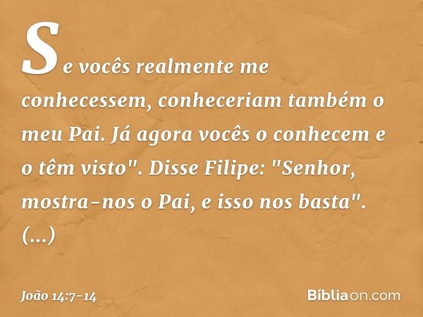 Se vocês realmente me conhecessem, conheceriam também o meu Pai. Já agora vocês o conhecem e o têm visto". Disse Filipe: "Senhor, mostra-nos o Pai, e isso nos b