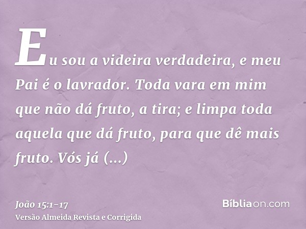 Eu sou a videira verdadeira, e meu Pai é o lavrador.Toda vara em mim que não dá fruto, a tira; e limpa toda aquela que dá fruto, para que dê mais fruto.Vós já e