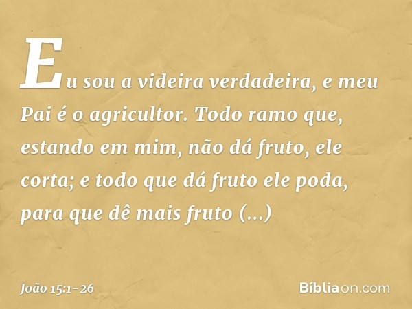 "Eu sou a videira verdadeira, e meu Pai é o agricultor. Todo ramo que, estando em mim, não dá fruto, ele corta; e todo que dá fruto ele poda, para que dê mais f