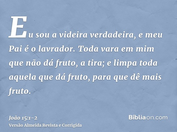 Eu sou a videira verdadeira, e meu Pai é o lavrador.Toda vara em mim que não dá fruto, a tira; e limpa toda aquela que dá fruto, para que dê mais fruto.