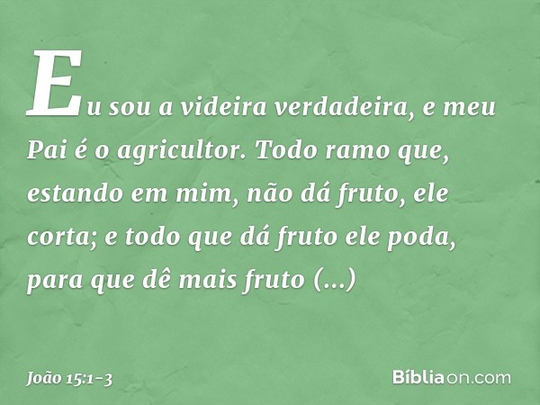 "Eu sou a videira verdadeira, e meu Pai é o agricultor. Todo ramo que, estando em mim, não dá fruto, ele corta; e todo que dá fruto ele poda, para que dê mais f