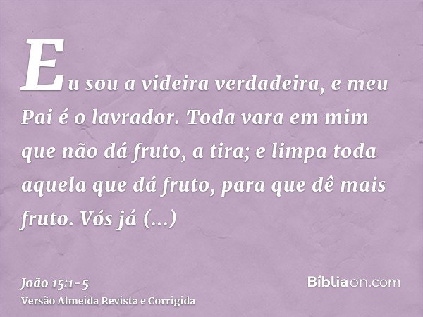 Eu sou a videira verdadeira, e meu Pai é o lavrador.Toda vara em mim que não dá fruto, a tira; e limpa toda aquela que dá fruto, para que dê mais fruto.Vós já e