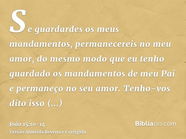 Se guardardes os meus mandamentos, permanecereis no meu amor, do mesmo modo que eu tenho guardado os mandamentos de meu Pai e permaneço no seu amor.Tenho-vos di