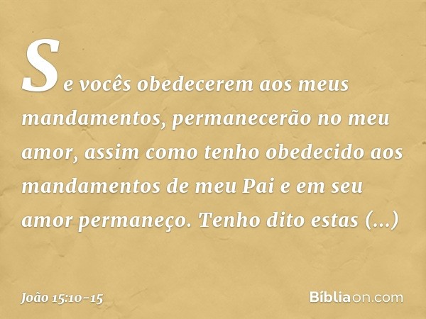 Se vocês obedecerem aos meus mandamentos, permanecerão no meu amor, assim como tenho obedecido aos mandamentos de meu Pai e em seu amor permaneço. Tenho dito es