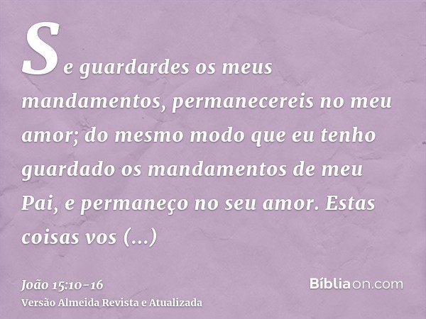 Se guardardes os meus mandamentos, permanecereis no meu amor; do mesmo modo que eu tenho guardado os mandamentos de meu Pai, e permaneço no seu amor.Estas coisa