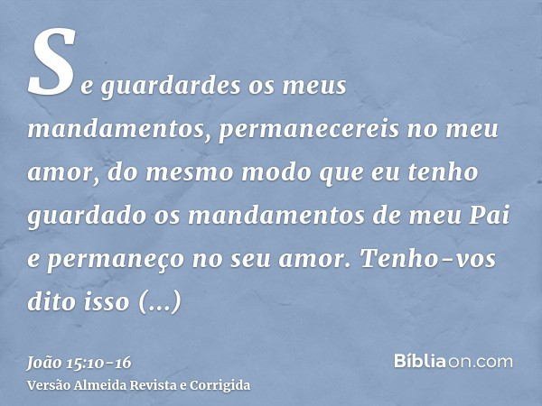 Se guardardes os meus mandamentos, permanecereis no meu amor, do mesmo modo que eu tenho guardado os mandamentos de meu Pai e permaneço no seu amor.Tenho-vos di