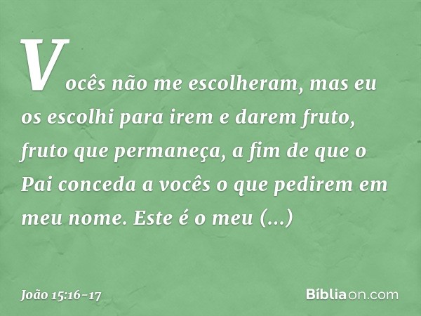 Vocês não me escolheram, mas eu os escolhi para irem e darem fruto, fruto que permaneça, a fim de que o Pai conceda a vocês o que pedirem em meu nome. Este é o