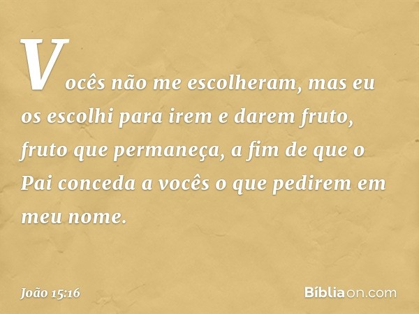 Vocês não me escolheram, mas eu os escolhi para irem e darem fruto, fruto que permaneça, a fim de que o Pai conceda a vocês o que pedirem em meu nome. -- João 1