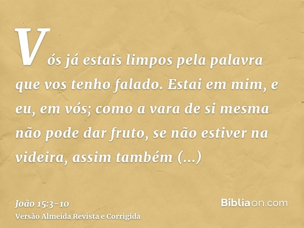 Vós já estais limpos pela palavra que vos tenho falado.Estai em mim, e eu, em vós; como a vara de si mesma não pode dar fruto, se não estiver na videira, assim 