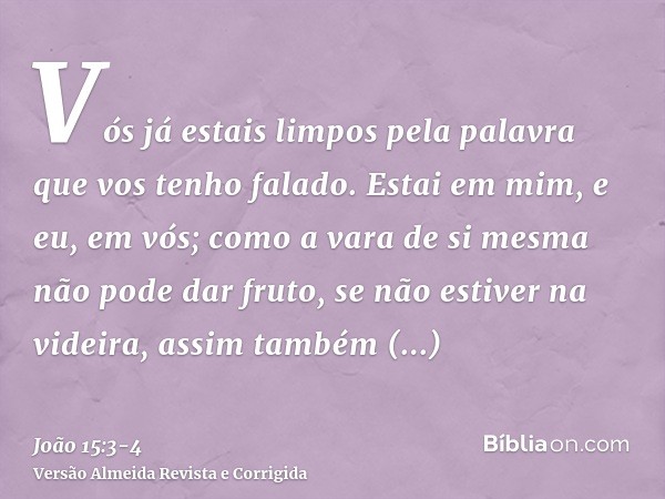 Vós já estais limpos pela palavra que vos tenho falado.Estai em mim, e eu, em vós; como a vara de si mesma não pode dar fruto, se não estiver na videira, assim 