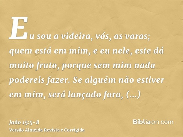 Eu sou a videira, vós, as varas; quem está em mim, e eu nele, este dá muito fruto, porque sem mim nada podereis fazer.Se alguém não estiver em mim, será lançado