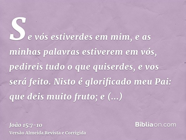 Se vós estiverdes em mim, e as minhas palavras estiverem em vós, pedireis tudo o que quiserdes, e vos será feito.Nisto é glorificado meu Pai: que deis muito fru