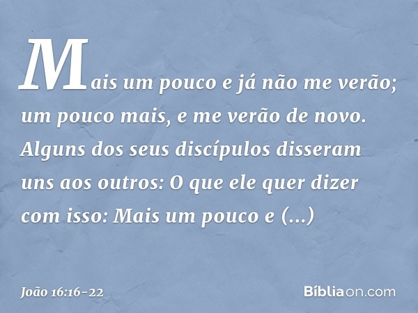 "Mais um pouco e já não me verão; um pouco mais, e me verão de novo". Alguns dos seus discípulos disseram uns aos outros: "O que ele quer dizer com isso: 'Mais 