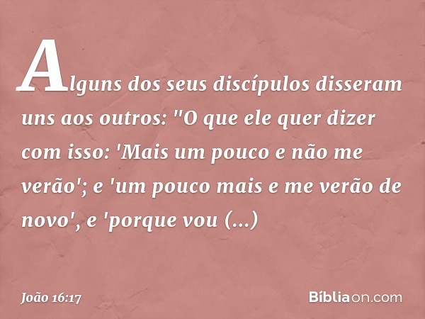 Alguns dos seus discípulos disseram uns aos outros: "O que ele quer dizer com isso: 'Mais um pouco e não me verão'; e 'um pouco mais e me verão de novo', e 'por