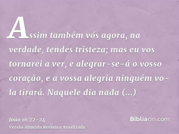 Assim também vós agora, na verdade, tendes tristeza; mas eu vos tornarei a ver, e alegrar-se-á o vosso coração, e a vossa alegria ninguém vo-la tirará.Naquele d