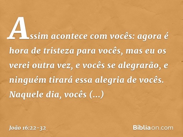 Assim acontece com vocês: agora é hora de tristeza para vocês, mas eu os verei outra vez, e vocês se alegrarão, e ninguém tirará essa alegria de vocês. Naquele 