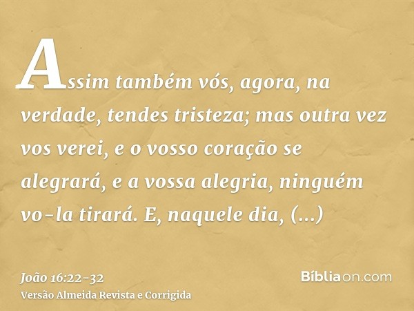 Assim também vós, agora, na verdade, tendes tristeza; mas outra vez vos verei, e o vosso coração se alegrará, e a vossa alegria, ninguém vo-la tirará.E, naquele