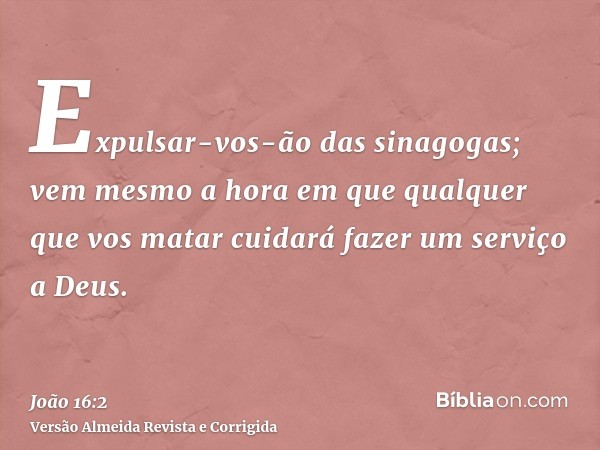Expulsar-vos-ão das sinagogas; vem mesmo a hora em que qualquer que vos matar cuidará fazer um serviço a Deus.