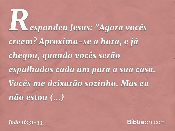 Respondeu Jesus: "Agora vocês creem? Aproxima-se a hora, e já chegou, quando vocês serão espalhados cada um para a sua casa. Vocês me deixarão sozinho. Mas eu n