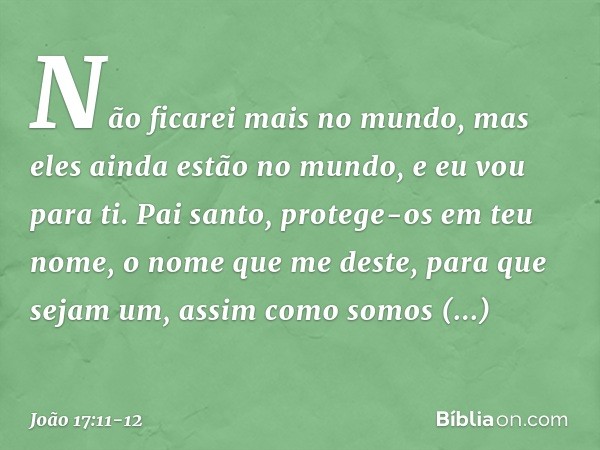 Não ficarei mais no mundo, mas eles ainda estão no mundo, e eu vou para ti. Pai santo, protege-os em teu nome, o nome que me deste, para que sejam um, assim com